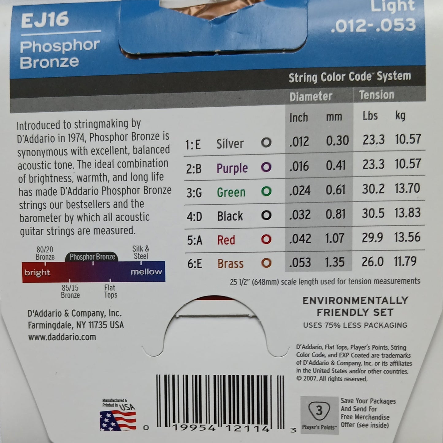 D'Addario Acoustic Guitar Strings Phosphor Bronze Light 12-53 - EJ16