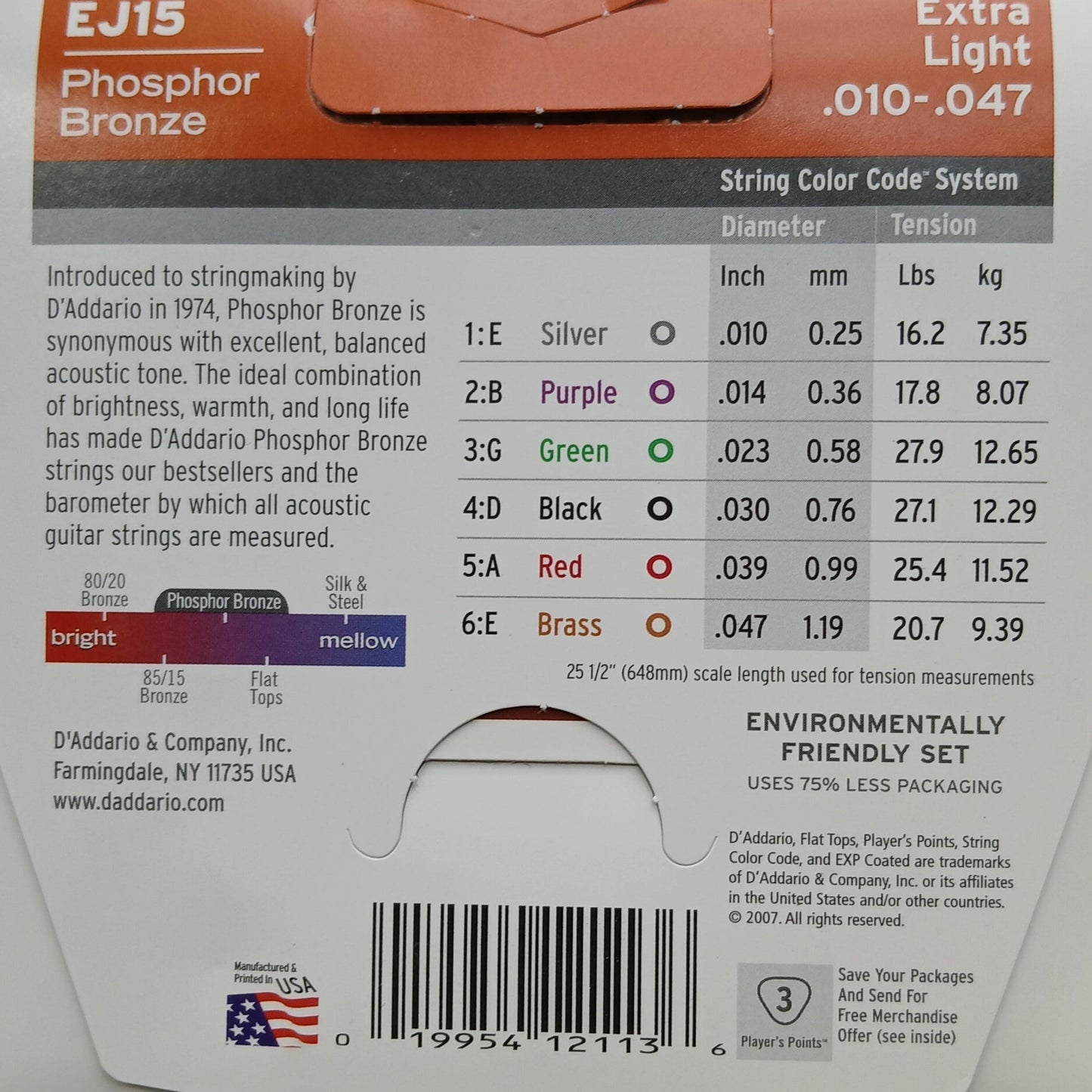 D'Addario Acoustic Guitar Strings Phosphor Bronze Extra Light 10-47 - EJ15