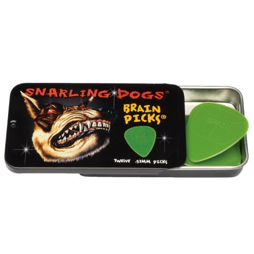 Guitar Plectrum Snarling Dogs Nylon Brain Picks 12 Pack Tin Green 0.53 mm