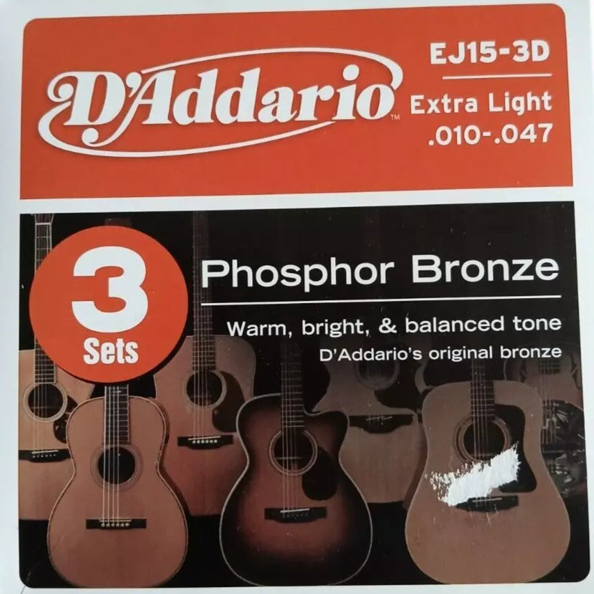 D'Addario Phosphor Bronze Acoustic Guitar Strings 3 PACK .010-.047 EJ15-3D