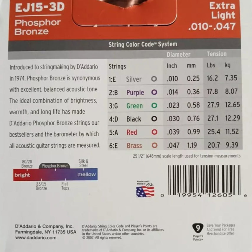 D'Addario Phosphor Bronze Acoustic Guitar Strings 3 PACK .010-.047 EJ15-3D