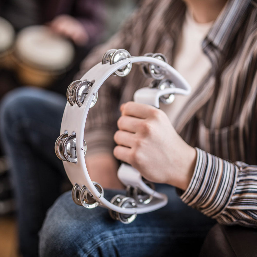 Tambourine WHITE Single D 32 Jingles Shake Hand Percussion Instrument