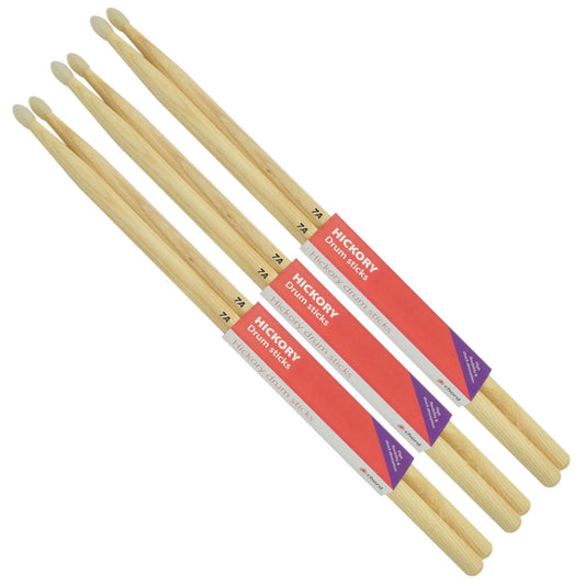 Hickory Drum Sticks 7A NYLON TIP Bundle of 3 Pairs