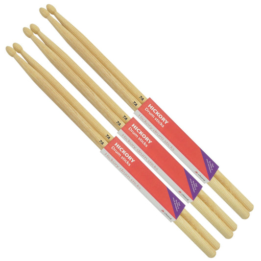 Hickory Drum Sticks 7A WOOD TIP Bundle of 3 Pairs