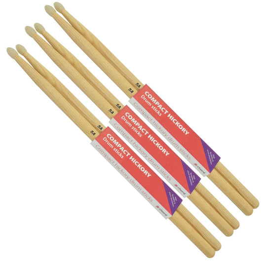Hickory Drum Sticks 5A NYLON TIP Compact Bundle of 3 Pairs