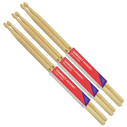 Hickory Drum Sticks 5A WOOD TIP Compact Bundle of 3 Pairs