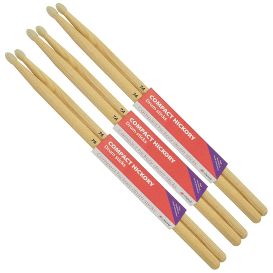 Hickory Drum Sticks 7A NYLON TIP Compact Bundle of 3 Pairs