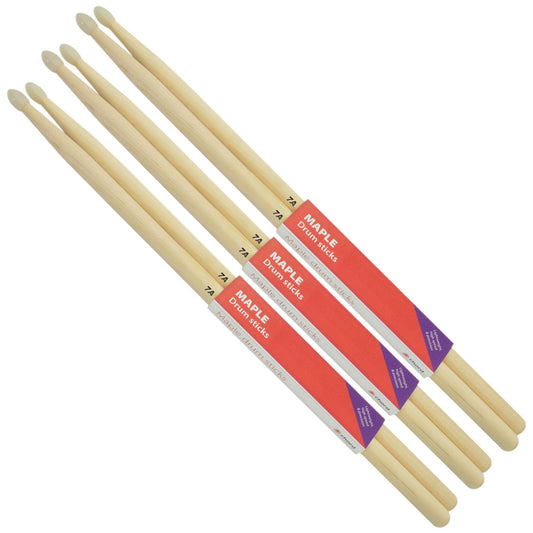 Maple Drum Sticks 7A NYLON TIP Bundle of 3 Pairs