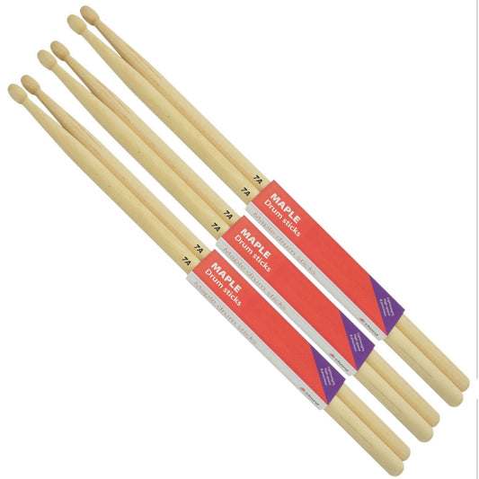 Maple Drum Sticks 7A WOOD TIP Bundle of 3 Pairs