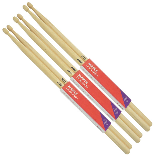 Maple JAZZ Drum Sticks WOOD TIP Bundle of 3 Pairs